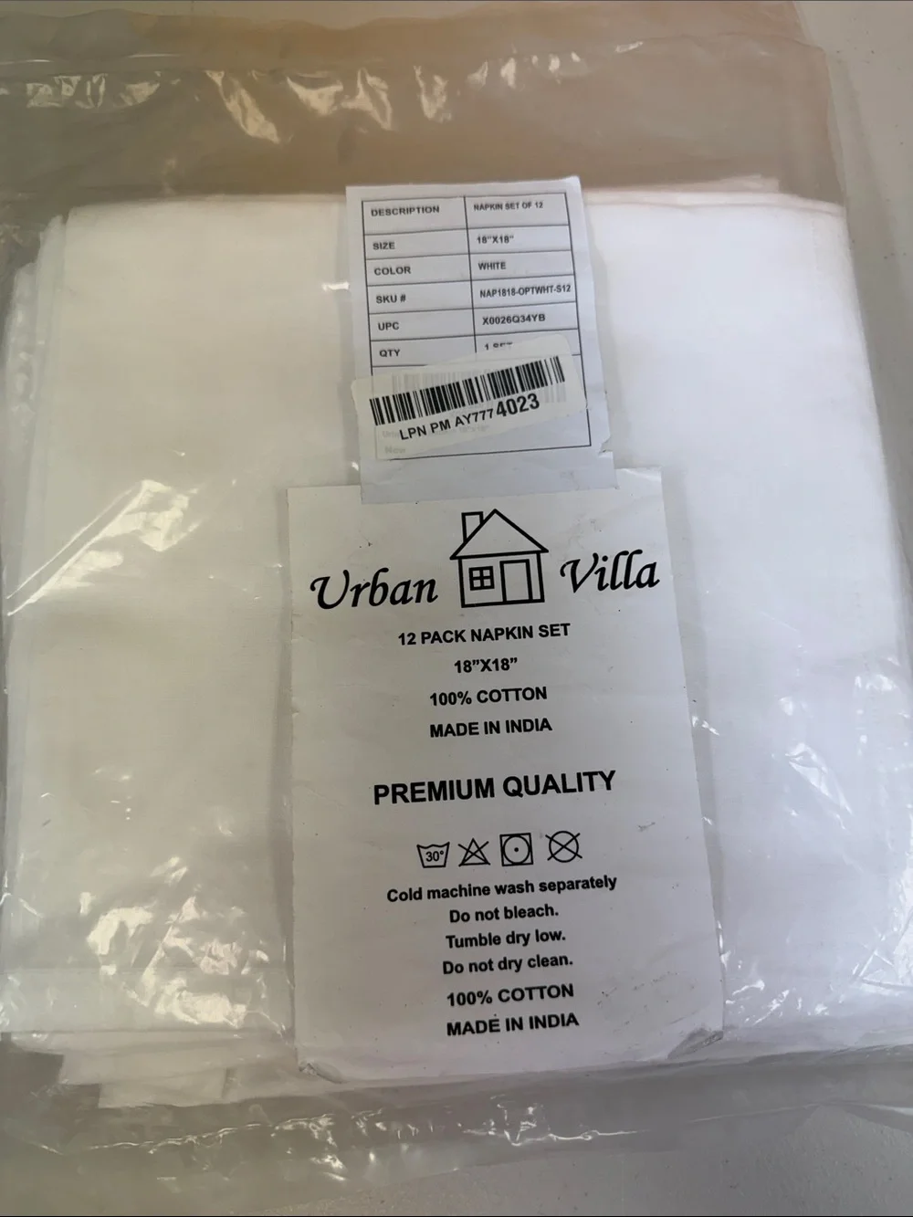 Urban Villa White 12-Pack Cotton Napkin Set 18”x18” premium quality 100% cotton